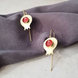 Brass garnet earrings with red enamel, Handmade jewelry