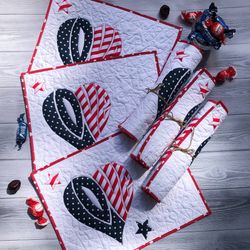 LOVE Independence Day quilted placemats, 4th of July table topper, Quilted American flag, Veterans or Memorial day quilt
