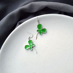 Green clover earrnigs, Metal and enamel handmade jewelry