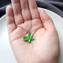 Green clover pendant, Metal and enamel handmade jewelry, Colorful botanical pendant