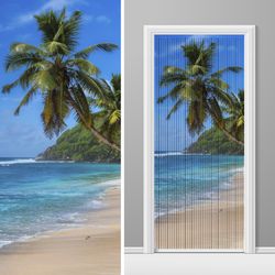 Doorway curtain tropical print, fly string door curtains palm trees blue