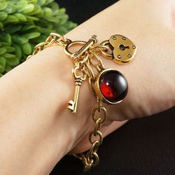 Key and Lock Charm Bracelet Gold Chain Bracelet Ruby Cherry Red Marsala Glass Gold Plated Toggle Bracelet Jewelry 7952