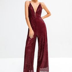 Sequin Deep V Neck Spaghetti Strap Wide Leg Party Prom Jumpsuit