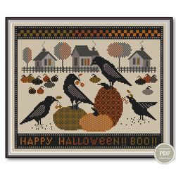 Halloween Cross Stitch Pattern Sampler Flock of Crows And Pumpkins. Scary Halloween Modern Pattern Pdf File 186