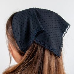 Witch triangle head scarf with ties. Handmade black lace hair kerchief. Swiss dot hair wrap bandana.