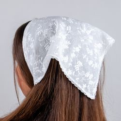 handmade off white cottagecore bandana. solid color transparent lace cotton head scarf.