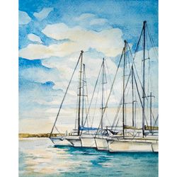 Sailboat Painting Watercolor Original Art Nautical Artwork 10 by 8 Boat Painting Seascape Wall Art by AlyonArt