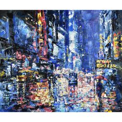 New York Painting Rainy Street Original Art NYC Artwork Umbrella Girl America Cityscape Urban Landscape Impressionism