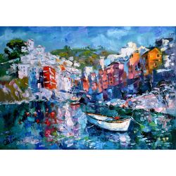 italy painting landscape original art canvas seascape boats riomaggiore