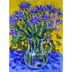 blue flowers painting, oil painting, flowers painting, oil art, blue flower art