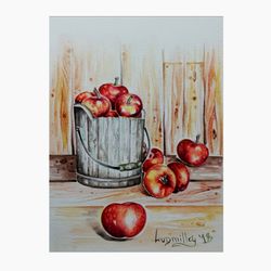 Apples Painting Original Watercolor Art Work Fruits Still Life Pictures With Food Kitchen Painting