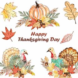 Watercolor Thanksgiving day clipart, Autumn clipart, Turkey, PNG, Fall leaves, Pumpkin Pie, thanksgiving pumpkin