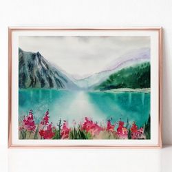 Green Landscape Watercolor Painting, Original Art, Mountain Painting, Lake House Decor, Best Wall Art for Living Room