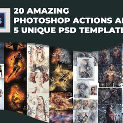 20 amazing Photoshop actions & 5 unique PSD templates! Portrait action, actions bundle, photo portrait, effects wedding
