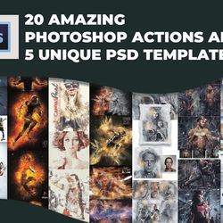20 amazing photoshop actions & 5 unique psd templates! portrait action, actions bundle, photo portrait, effects wedding