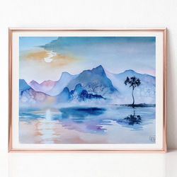 Landscape Watercolor Painting, Original Art, Mountain Painting, Lake Sunset Painting, Best Wall Art for Living Room
