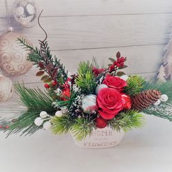 Christmas floral arrangement, Christmas gift, White and red Christmas table decor, Christmas red roses table centerpiece