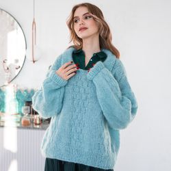 Knitted Jumper Oversize Mint. Hand Knitted Mohair Sweater.