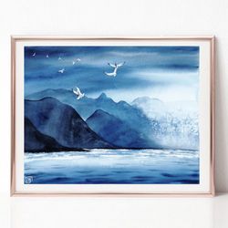Blue Abstract Art, Landscape Watercolor Painting, Original Art, Mountain Painting, Best Wall Art for Living Room