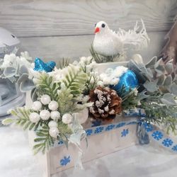 Christmas floral arrangement, Blue and white Christmas décor, Christmas gift, Christmas arrangement in wood basket