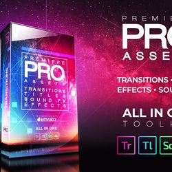 Premiere Pro Pack. 400 Creative Assets. Transitions, animated titles, sound FX, light leaks, geometric shapes, glitch