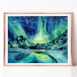 Northern lights Wall Art, Landscape Watercolor Painting, Original Art, Mountain Painting, Best Wall Art for Living Room