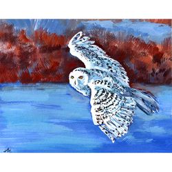 Owl Painting Flying Bird Original Art Acrylic Paintings Winter Landscape Wall Art Birds Artwork