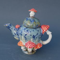 Handmade miniature ceramic teapot, Mushrooms figurine ,Bright Handpainted blue small teapot, Crystal Glaze ,Whimsical