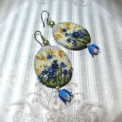 Large earrings with embroidery and handmade glass pendants. They are called In the Meadow.
