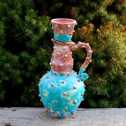 Ceramic jug, Blue Pottery Pitcher ,Liquor Decanter ,Brown Turquoise blue glazed, Textured Ceramics, Carafe with lid