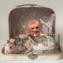 dollhouse in suitcase, personalized gift for girl, gift box, doll house furniture, realistic miniature, room kids decor