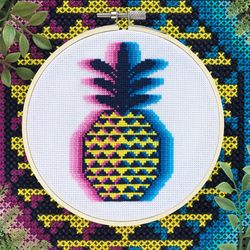 Glitch Pineapple Cross Stitch Pattern PDF, Geometric Tropical Fruit, Food Abstract Embroidery Chart, Wall Decor, Digital