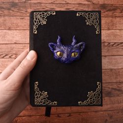 Demonic cat grimoire journal Witch cat journal Witchy spell book Halloween journal blank horn cat