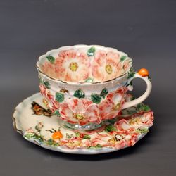 Porcelain Tea Set ,Mug and Saucer, Flowers Bees Butterflies Berries, Porcelain art ,Sculpture tea cup ,Pink wild rose ,