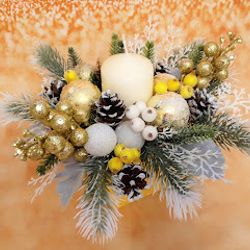 Christmas floral table arrangement with candle, White, green and gold Christmas décor, Christmas floral centerpiece