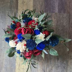 sola wood flower cascading bouquet, burgundy and navy blue bouquet
