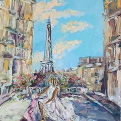 Paris Painting Cityscape Original Art Eiffel Tower Oil Painting Woman Artwork