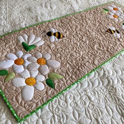 Quilted bees and flowers table runner, Bed topper quilted, Mothers Day mat, Easter tablecloth, Summer handmade quilt