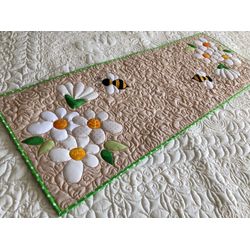 Quilted bees and flowers table runner, Bed topper quilted, Mothers Day mat, Easter tablecloth, Summer handmade quilt