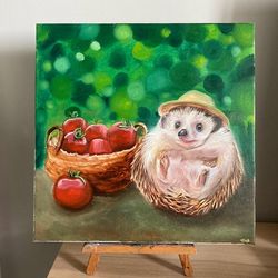 Cute Hedgehog Oil Painting, Original Farmer Hedgehog, Animals Painting