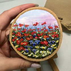 Poppy Wood Slice Painting Original Art Miniature Landscape Wildflower Poppy Field Flower Palette Knife Small Painting