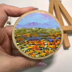 California Painting Original Art Poppy Wood Slice Artwork Miniature Landscape Palette Knife Small Flower Home Decor