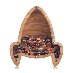 ROCKET SHIP Wooden piggy bank Spaceship nursery decor Wood coin bank for boy girl adult Montessori toy Kid money box