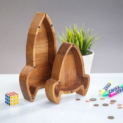 ROCKET SHIP Wooden piggy bank Spaceship nursery decor Wood coin bank for boy girl adult Montessori toy Kid money box