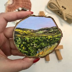 Tuscany Vineyard Painting Original Art Miniature Landscape Wood Slice Painting Provencal Landscape Vine Small Painting
