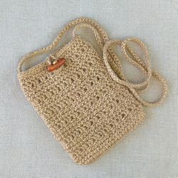 Small crochet shoulder bag, Jute cell phone bag for women, Casual summer jute bag, Eco-friendly bag
