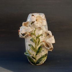 porcelain vase, applied flowers vase ,sculpture white lilies, flower figurine ,botanical porcelain art made to order