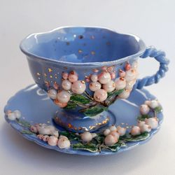 Snowberry cup and saucer set Blue white porcelain Beautiful handmade tea set Mug and saucer with berry decor, mom gift