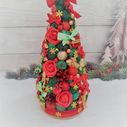 Rustic Christmas tree, Small table Christmas tree, Reception desk Christmas tree, Red and green miniature Christmas tree