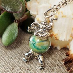 dancing elephant necklace mint sage green yellow lampwork murano glass sterling silver pendant necklace jewelry 6538